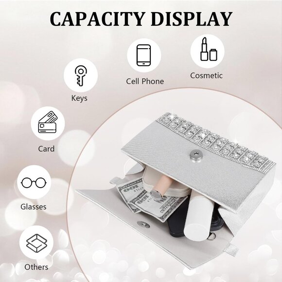 Silver Rhinestone Clutch Evening Crossbody Bag for Wedding & Party Cocktail Prom - Picture 3 of 7